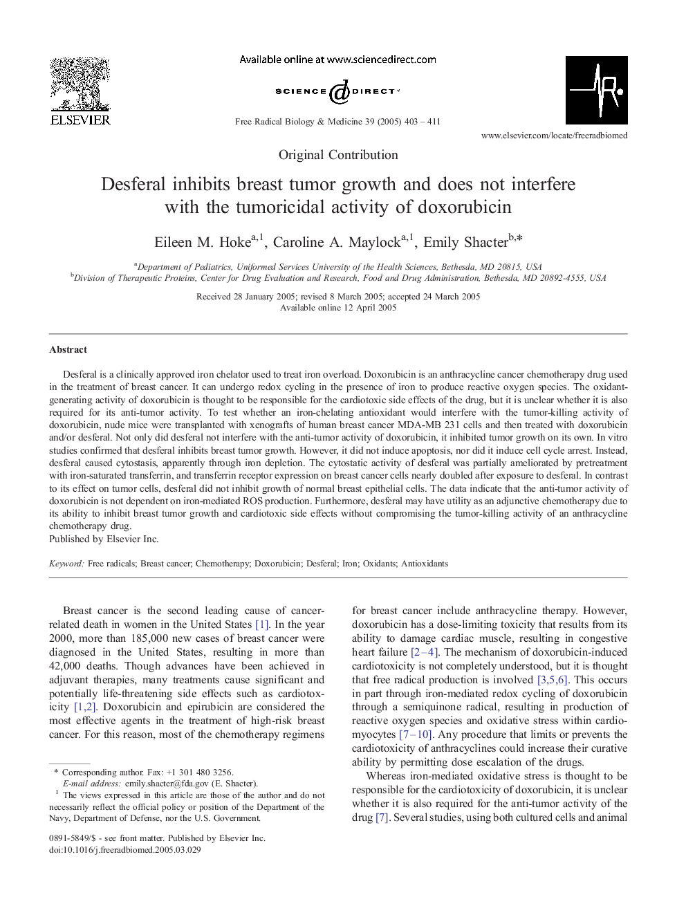 Desferal inhibits breast tumor growth and does not interfere with the tumoricidal activity of doxorubicin