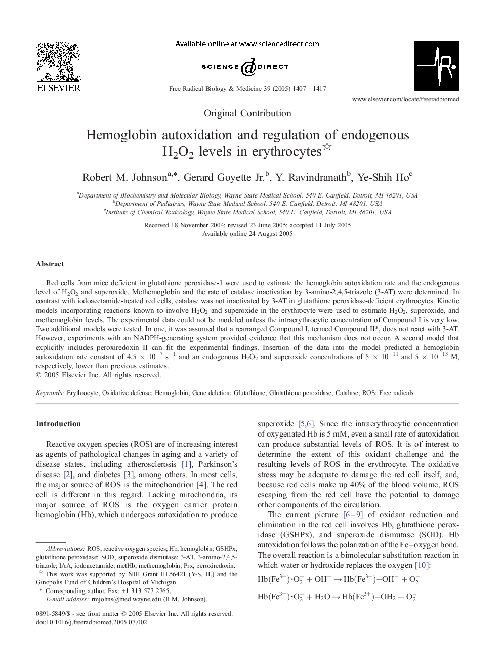 Hemoglobin autoxidation and regulation of endogenous H2O2 levels in erythrocytes