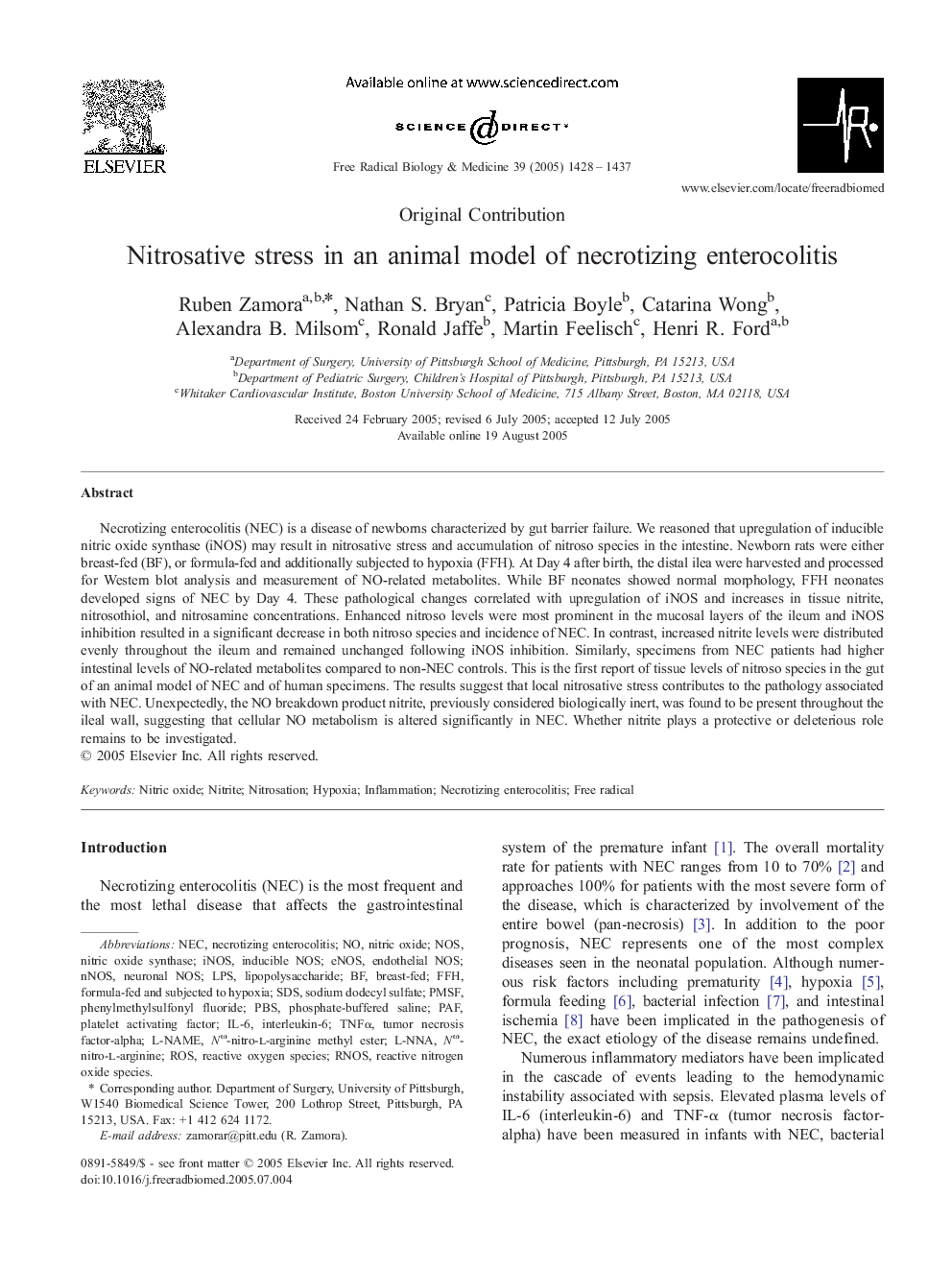 Nitrosative stress in an animal model of necrotizing enterocolitis