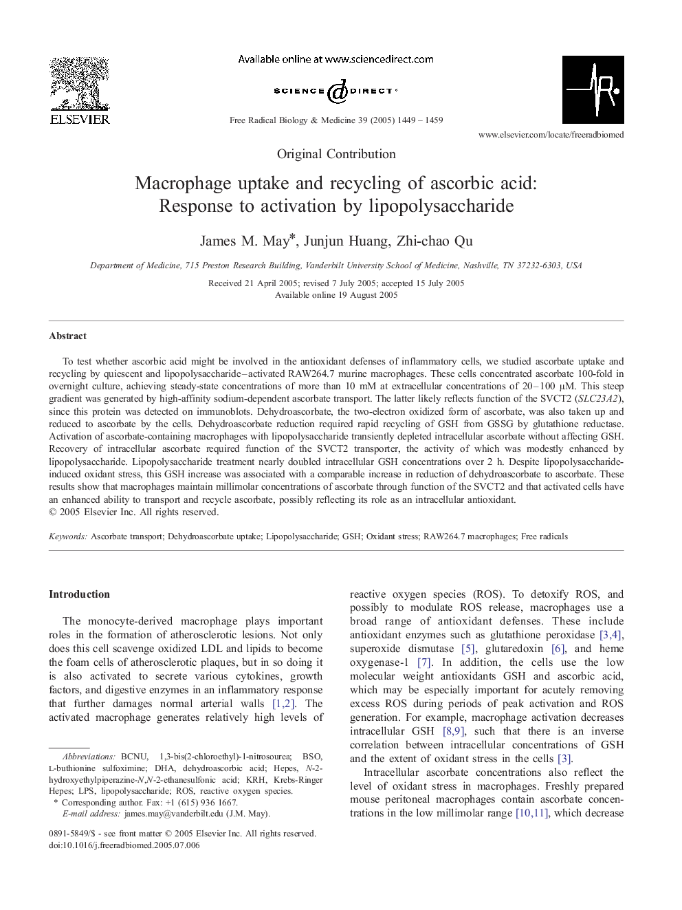 Macrophage uptake and recycling of ascorbic acid: Response to activation by lipopolysaccharide