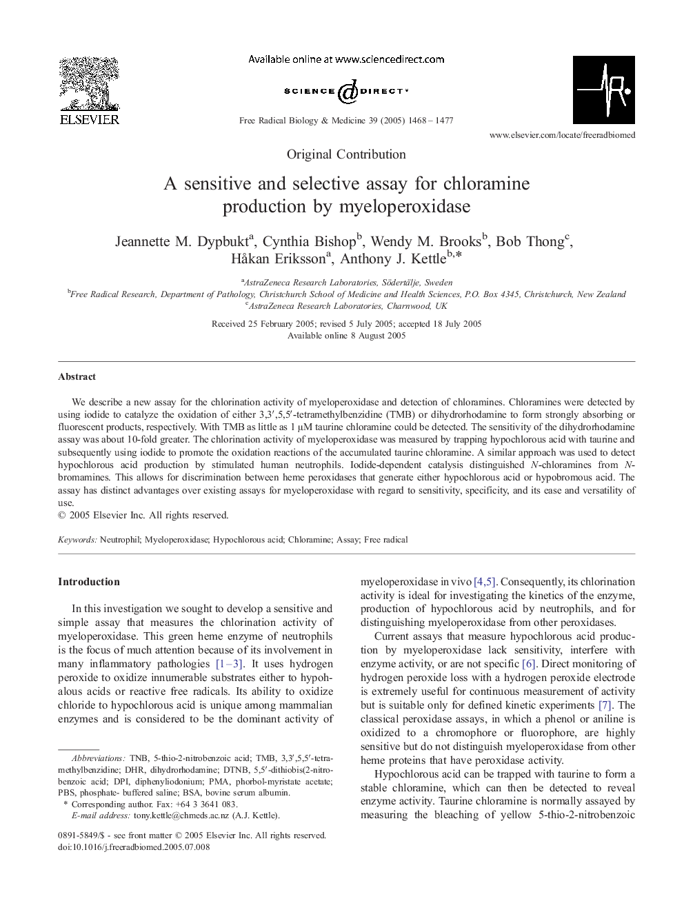 A sensitive and selective assay for chloramine production by myeloperoxidase