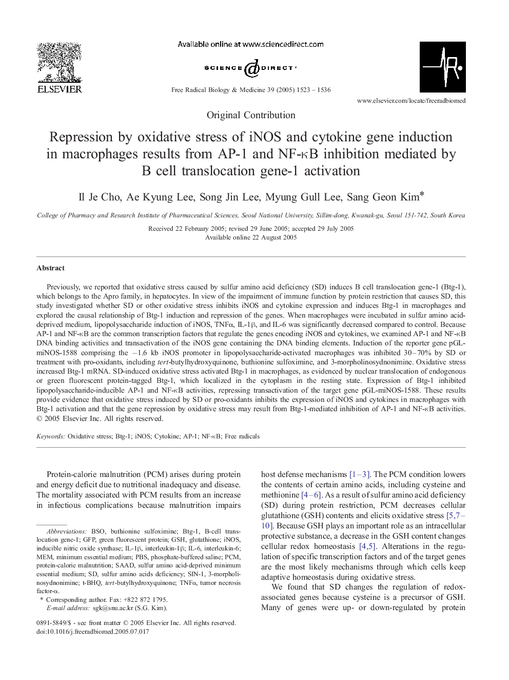 Repression by oxidative stress of iNOS and cytokine gene induction in macrophages results from AP-1 and NF-ÎºB inhibition mediated by B cell translocation gene-1 activation