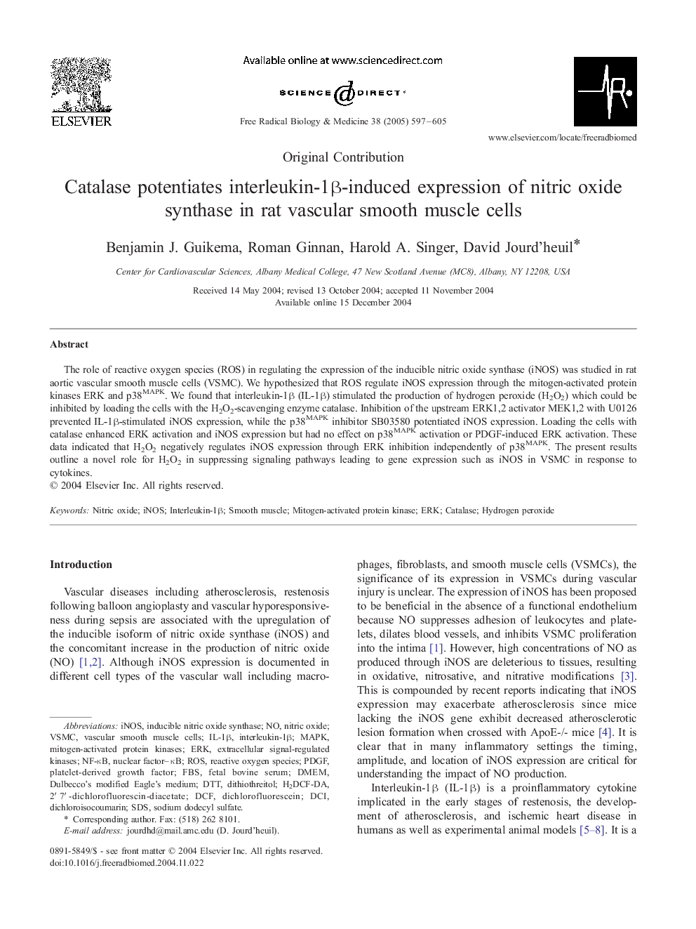 Catalase potentiates interleukin-1Î²-induced expression of nitric oxide synthase in rat vascular smooth muscle cells