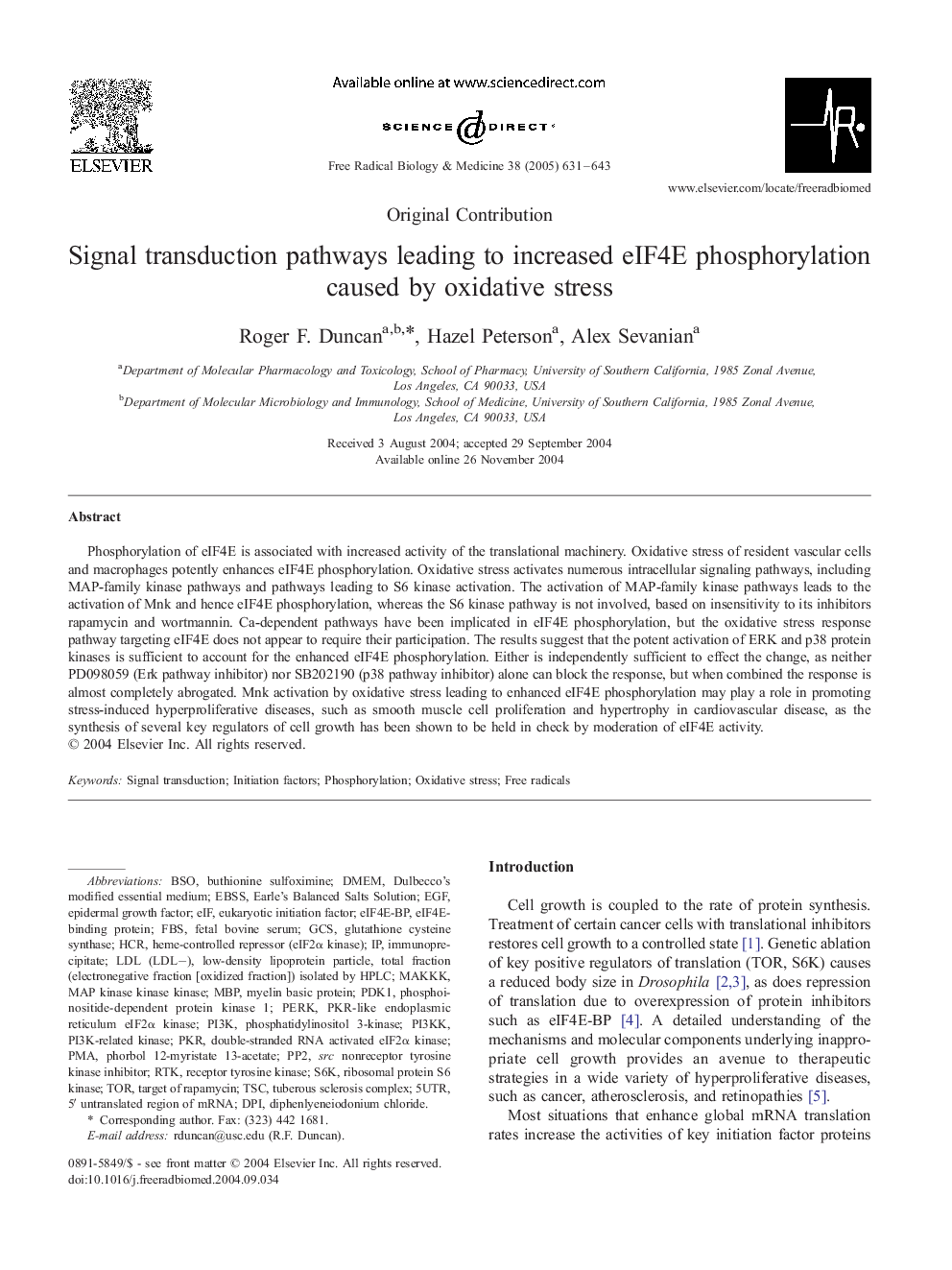 Signal transduction pathways leading to increased eIF4E phosphorylation caused by oxidative stress