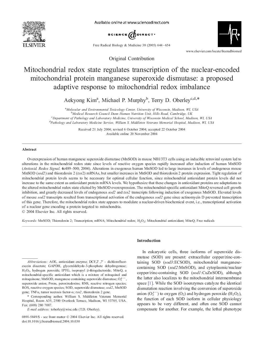 Mitochondrial redox state regulates transcription of the nuclear-encoded mitochondrial protein manganese superoxide dismutase: a proposed adaptive response to mitochondrial redox imbalance