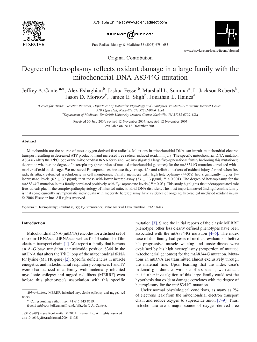 Degree of heteroplasmy reflects oxidant damage in a large family with the mitochondrial DNA A8344G mutation