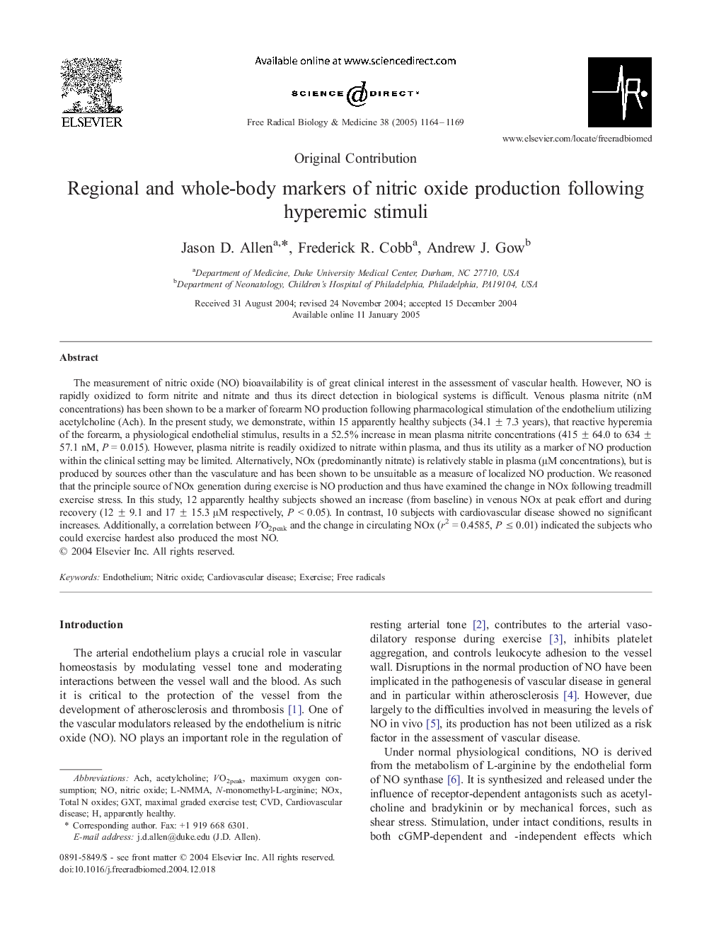 Regional and whole-body markers of nitric oxide production following hyperemic stimuli