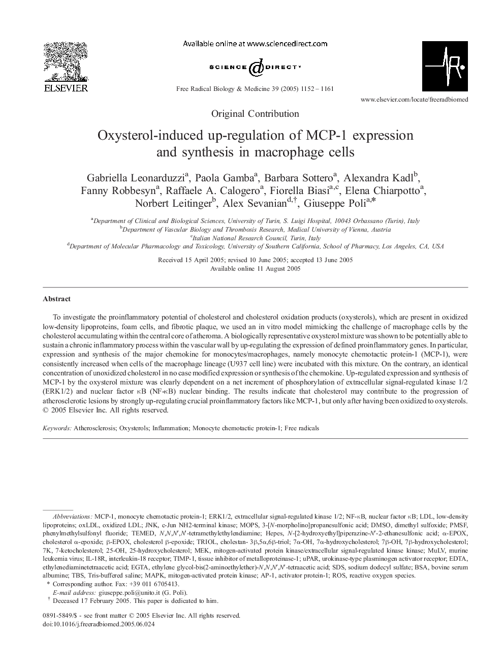 Oxysterol-induced up-regulation of MCP-1 expression and synthesis in macrophage cells