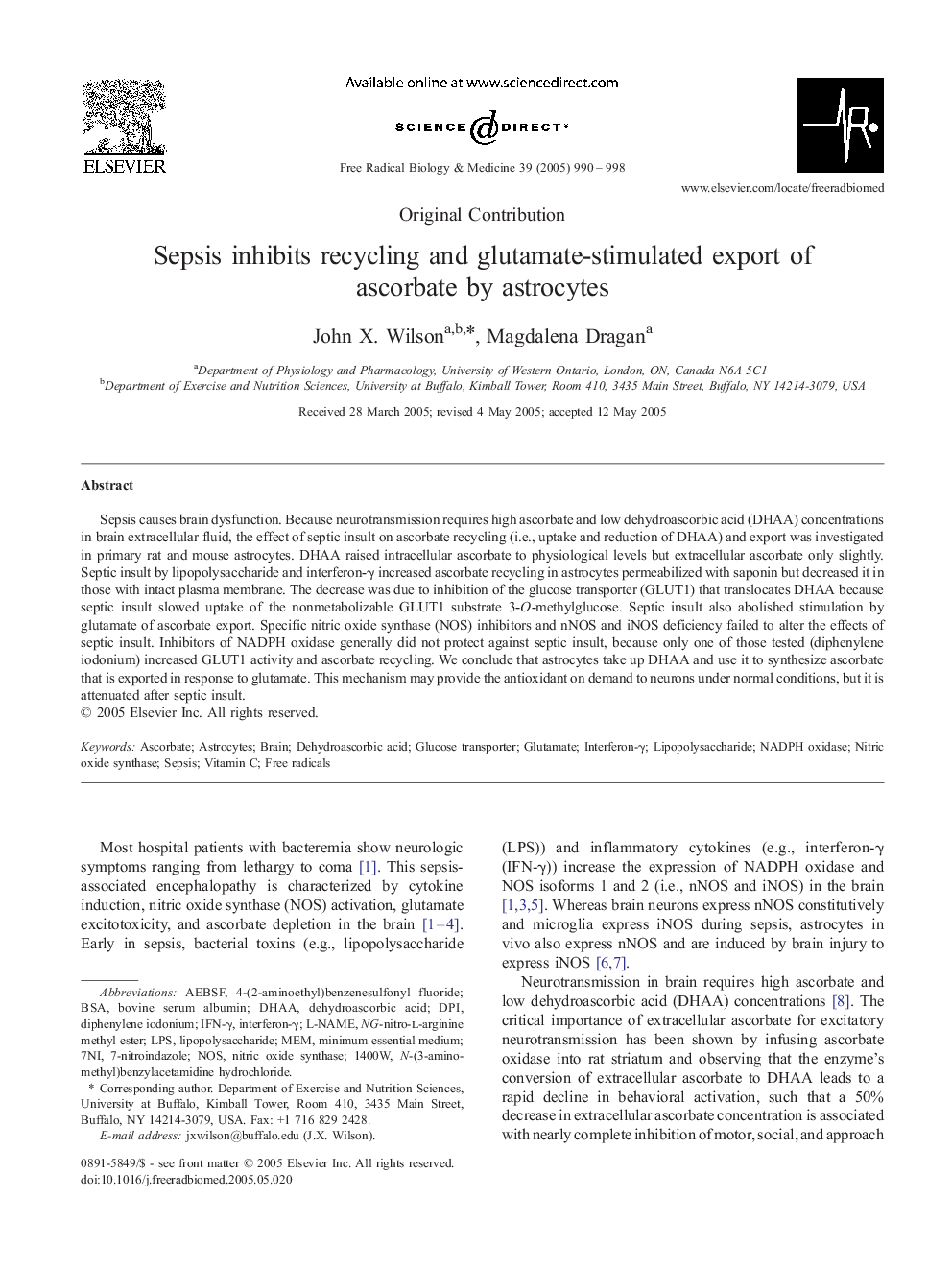 Sepsis inhibits recycling and glutamate-stimulated export of ascorbate by astrocytes