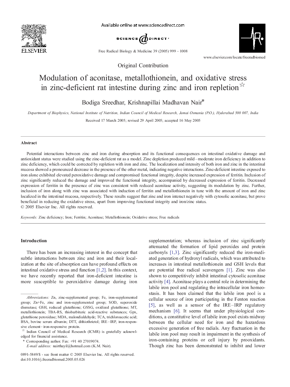 Modulation of aconitase, metallothionein, and oxidative stress in zinc-deficient rat intestine during zinc and iron repletion