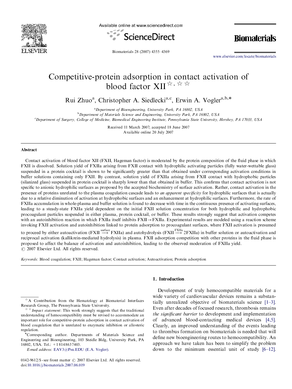 Competitive-protein adsorption in contact activation of blood factor XII 