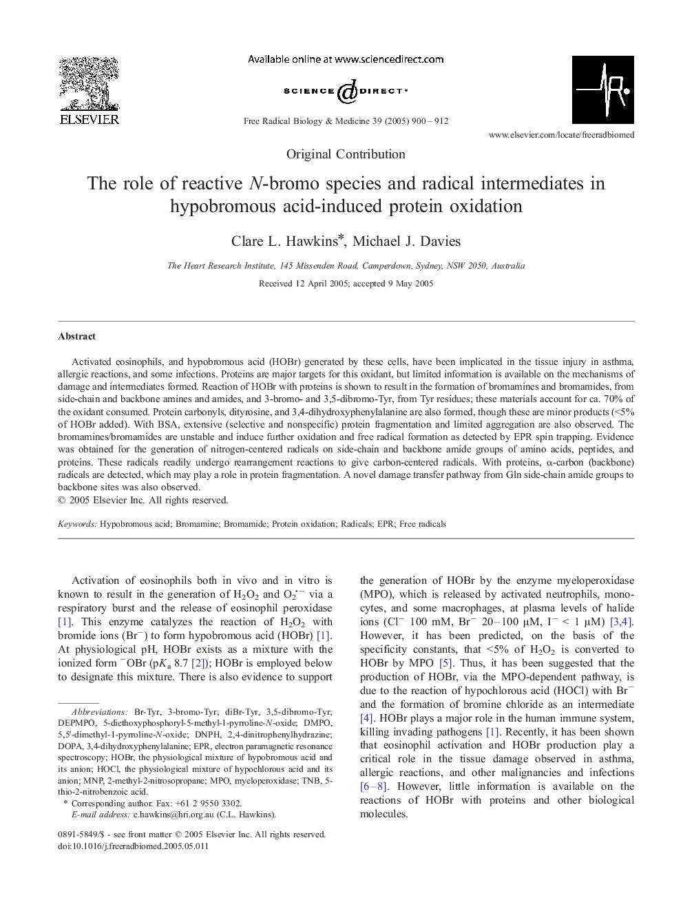 The role of reactive N-bromo species and radical intermediates in hypobromous acid-induced protein oxidation