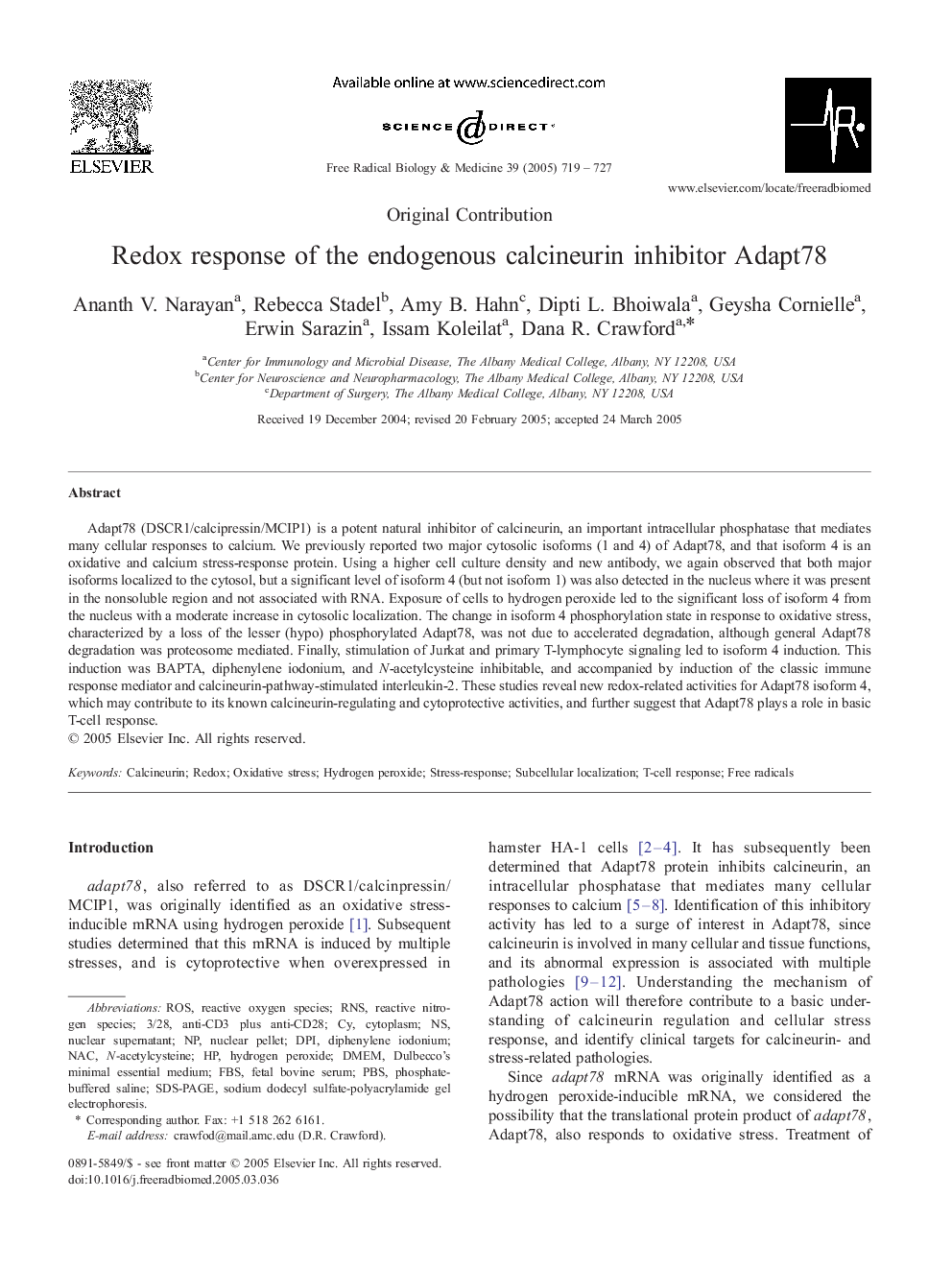 Redox response of the endogenous calcineurin inhibitor Adapt78