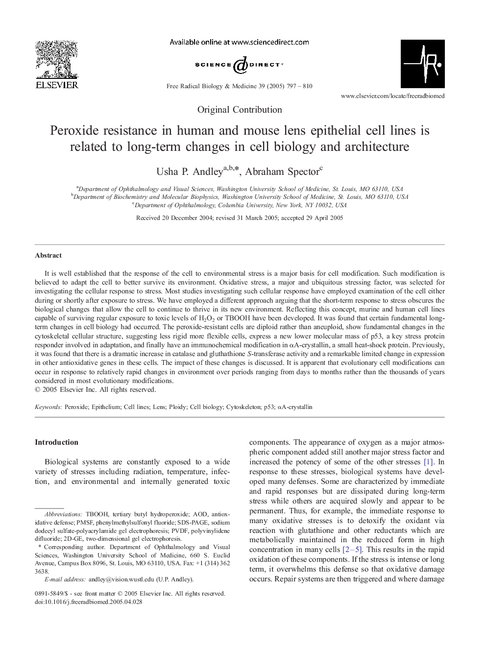 Peroxide resistance in human and mouse lens epithelial cell lines is related to long-term changes in cell biology and architecture