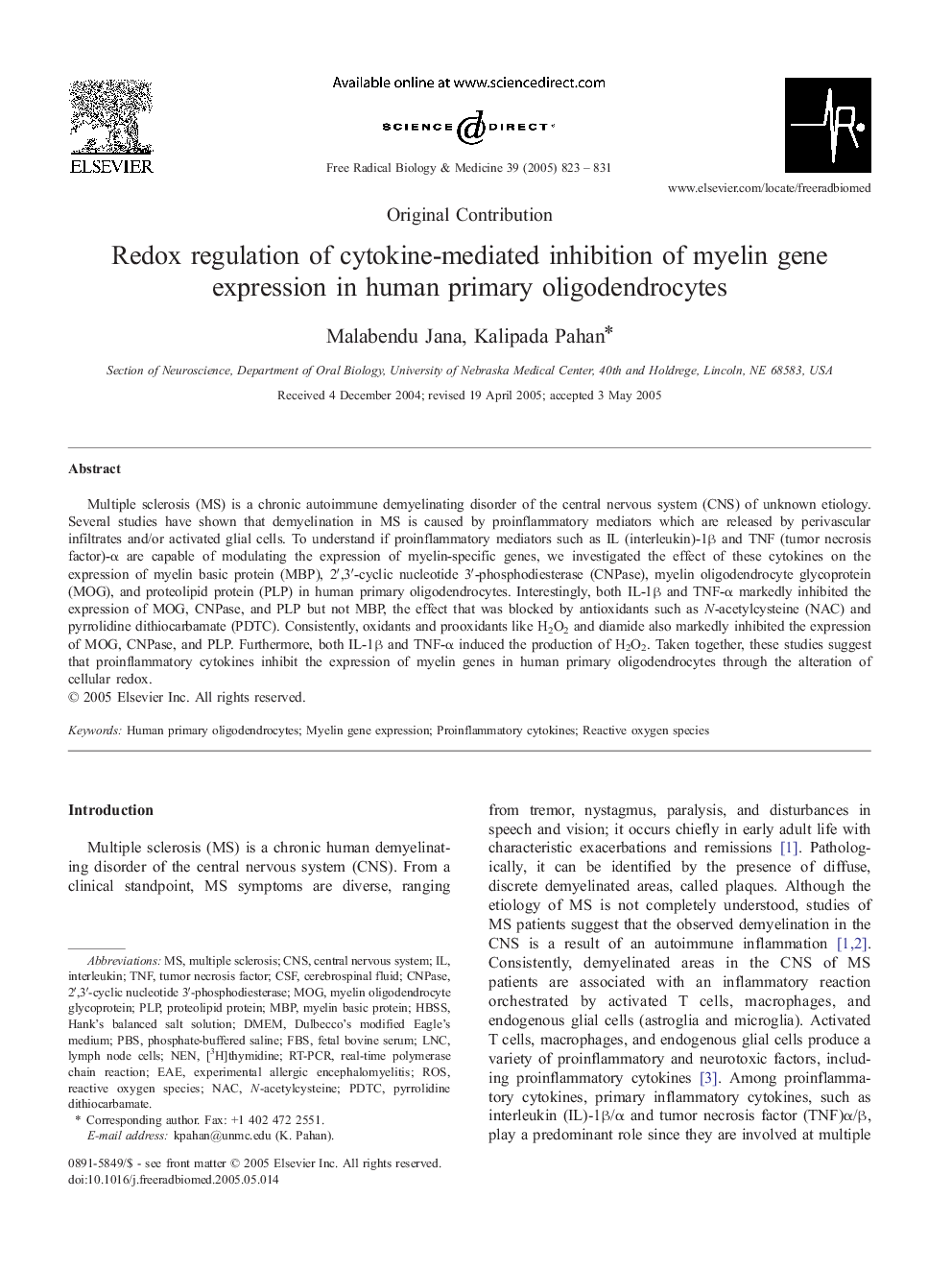 Redox regulation of cytokine-mediated inhibition of myelin gene expression in human primary oligodendrocytes