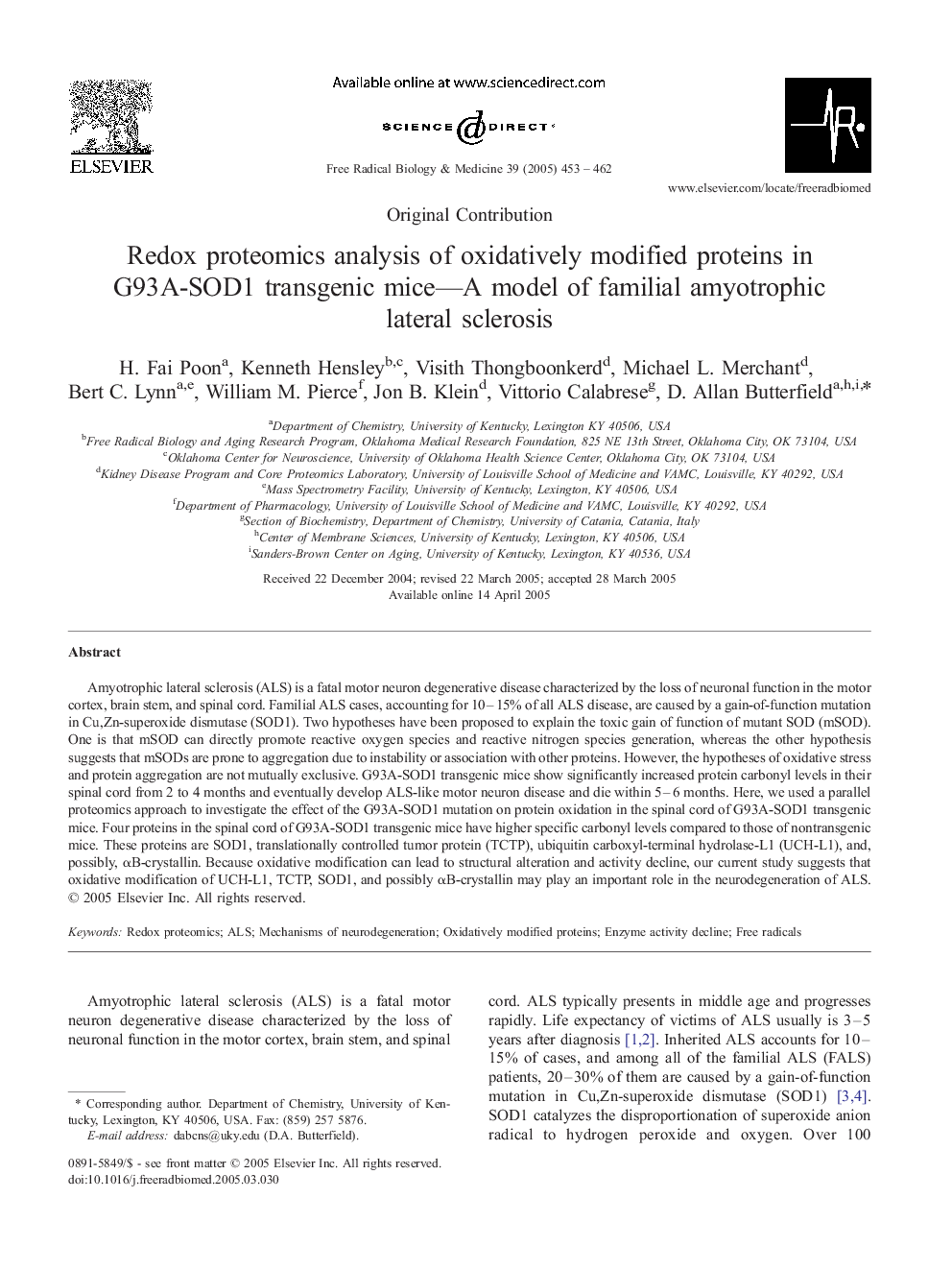 Redox proteomics analysis of oxidatively modified proteins in G93A-SOD1 transgenic mice-a model of familial amyotrophic lateral sclerosis