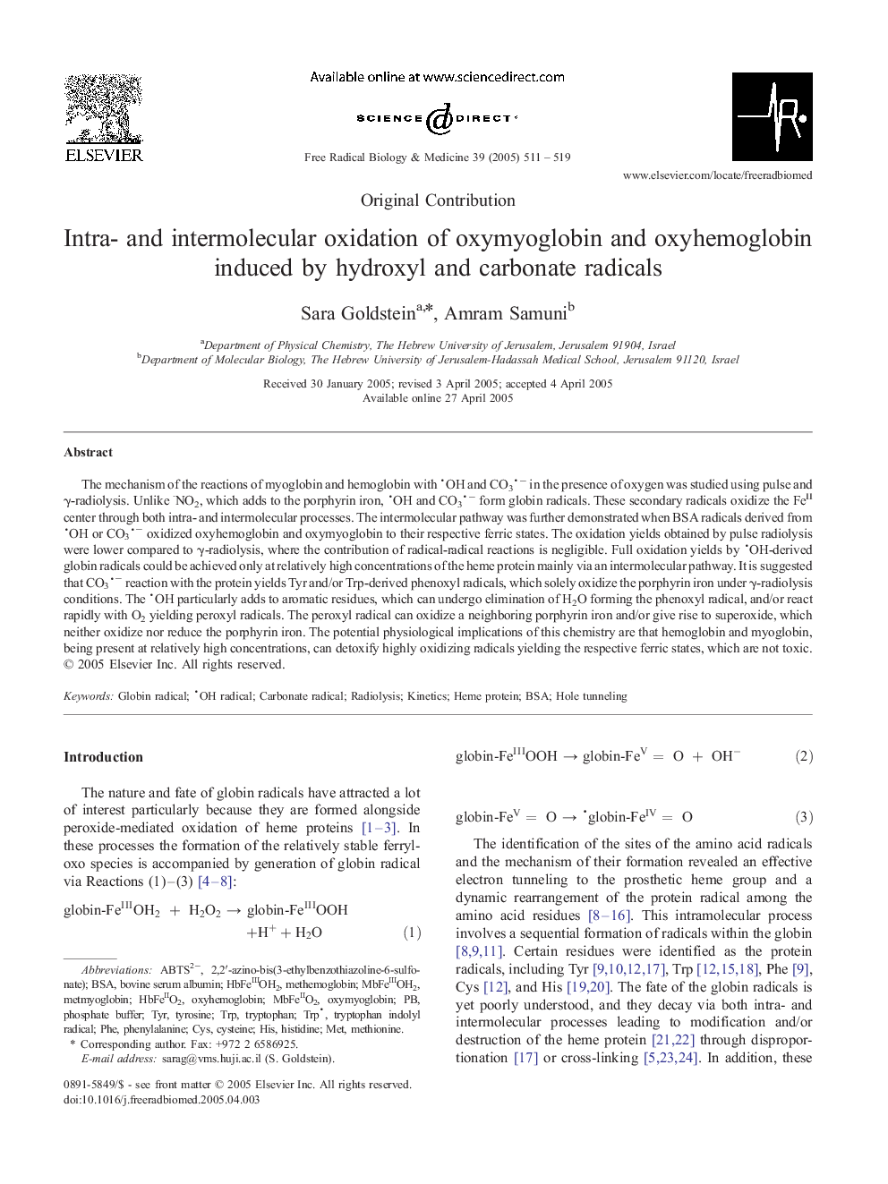 Intra- and intermolecular oxidation of oxymyoglobin and oxyhemoglobin induced by hydroxyl and carbonate radicals