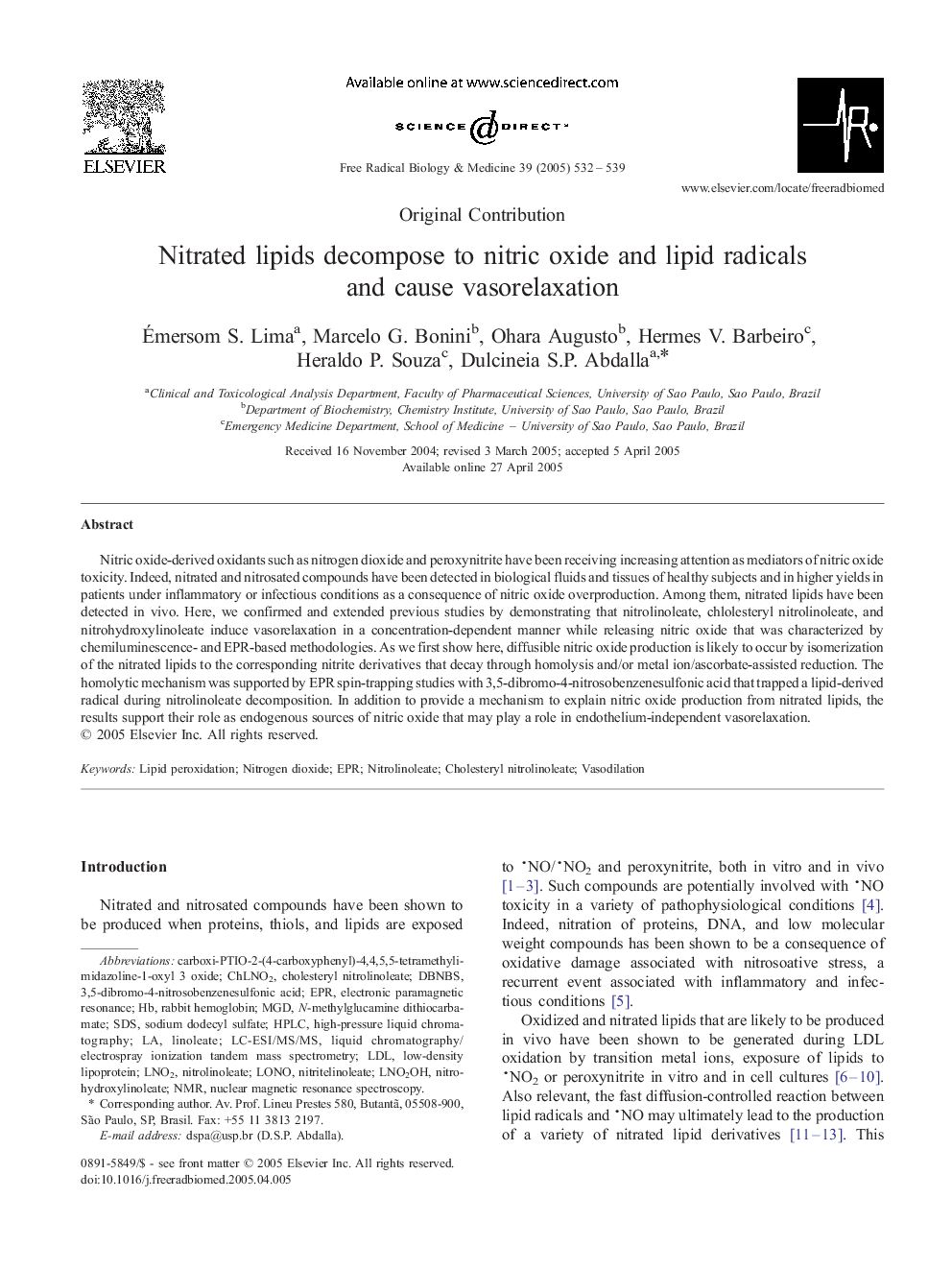 Nitrated lipids decompose to nitric oxide and lipid radicals and cause vasorelaxation