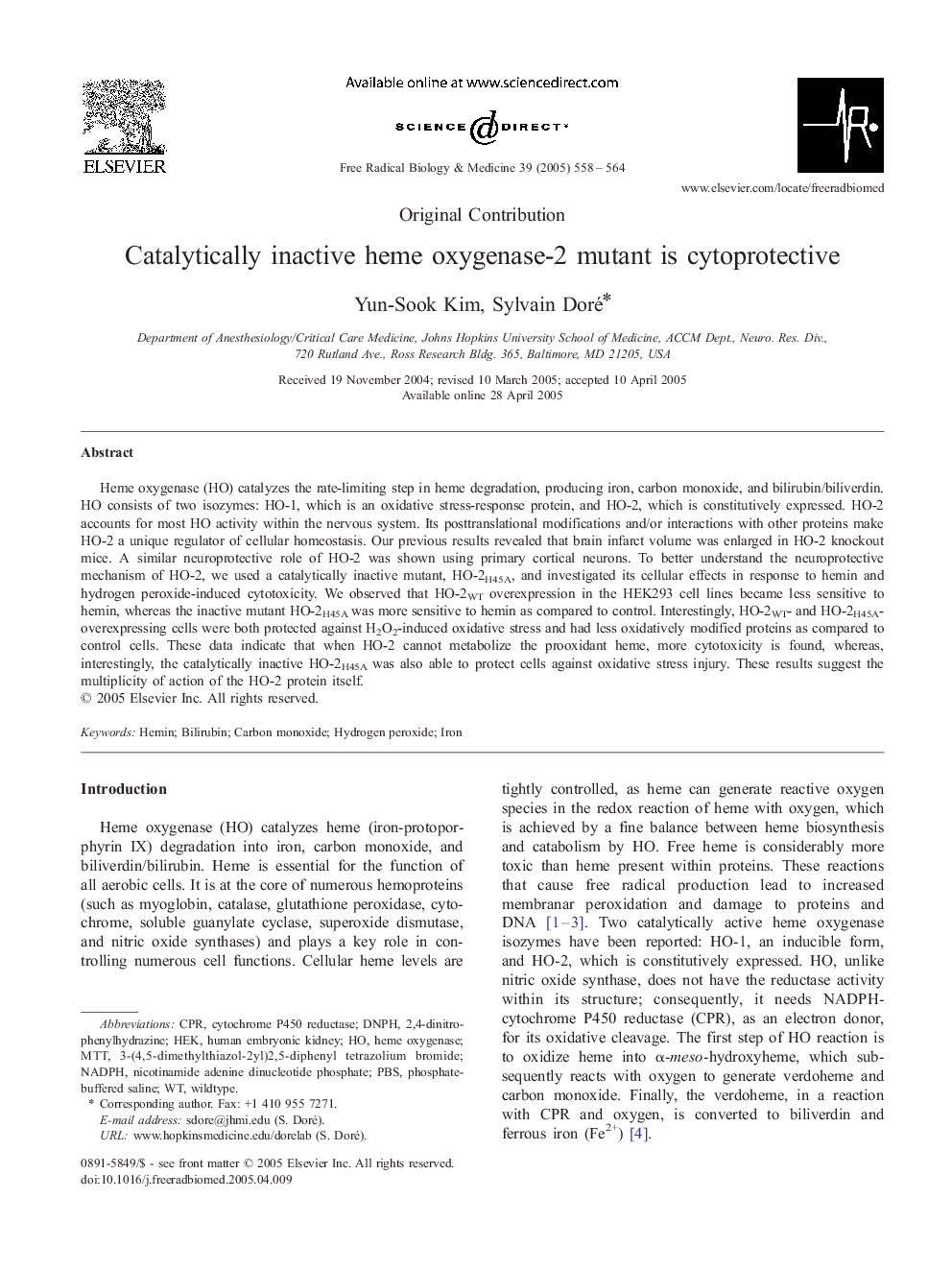 Catalytically inactive heme oxygenase-2 mutant is cytoprotective