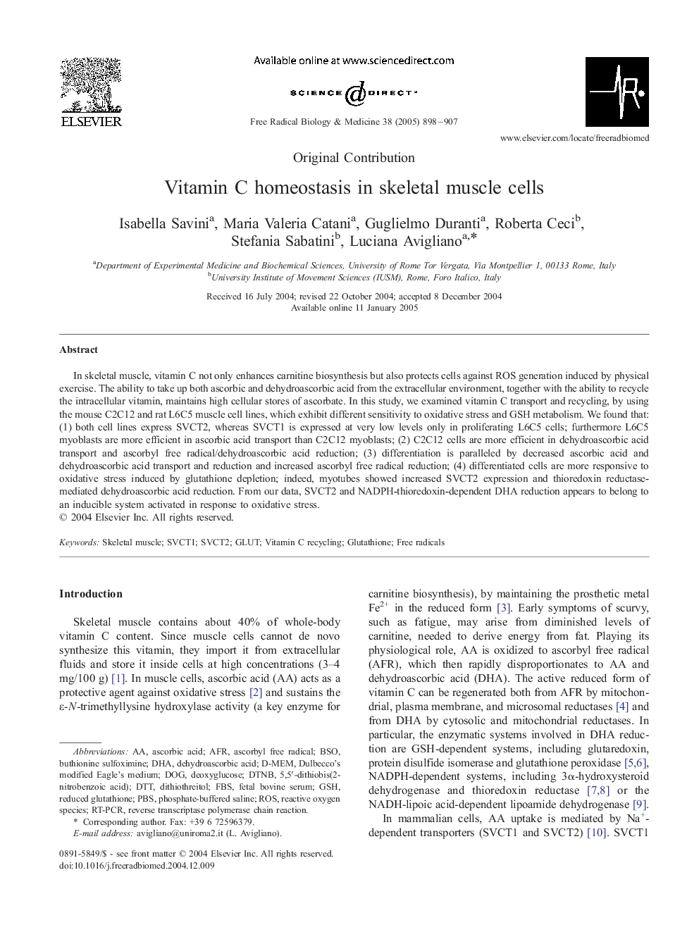 Vitamin C homeostasis in skeletal muscle cells