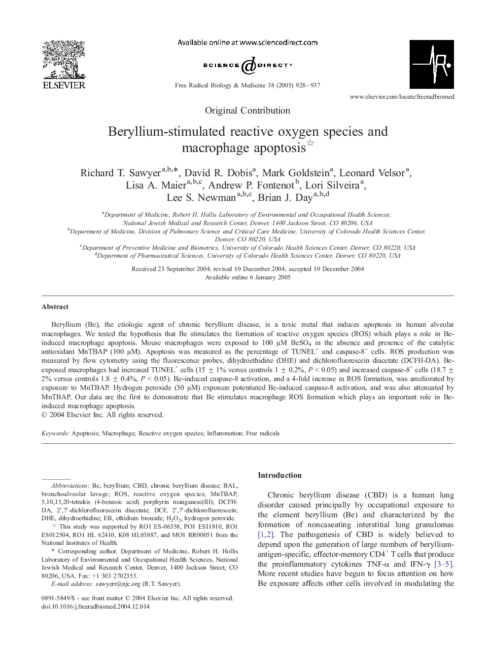 Beryllium-stimulated reactive oxygen species and macrophage apoptosis