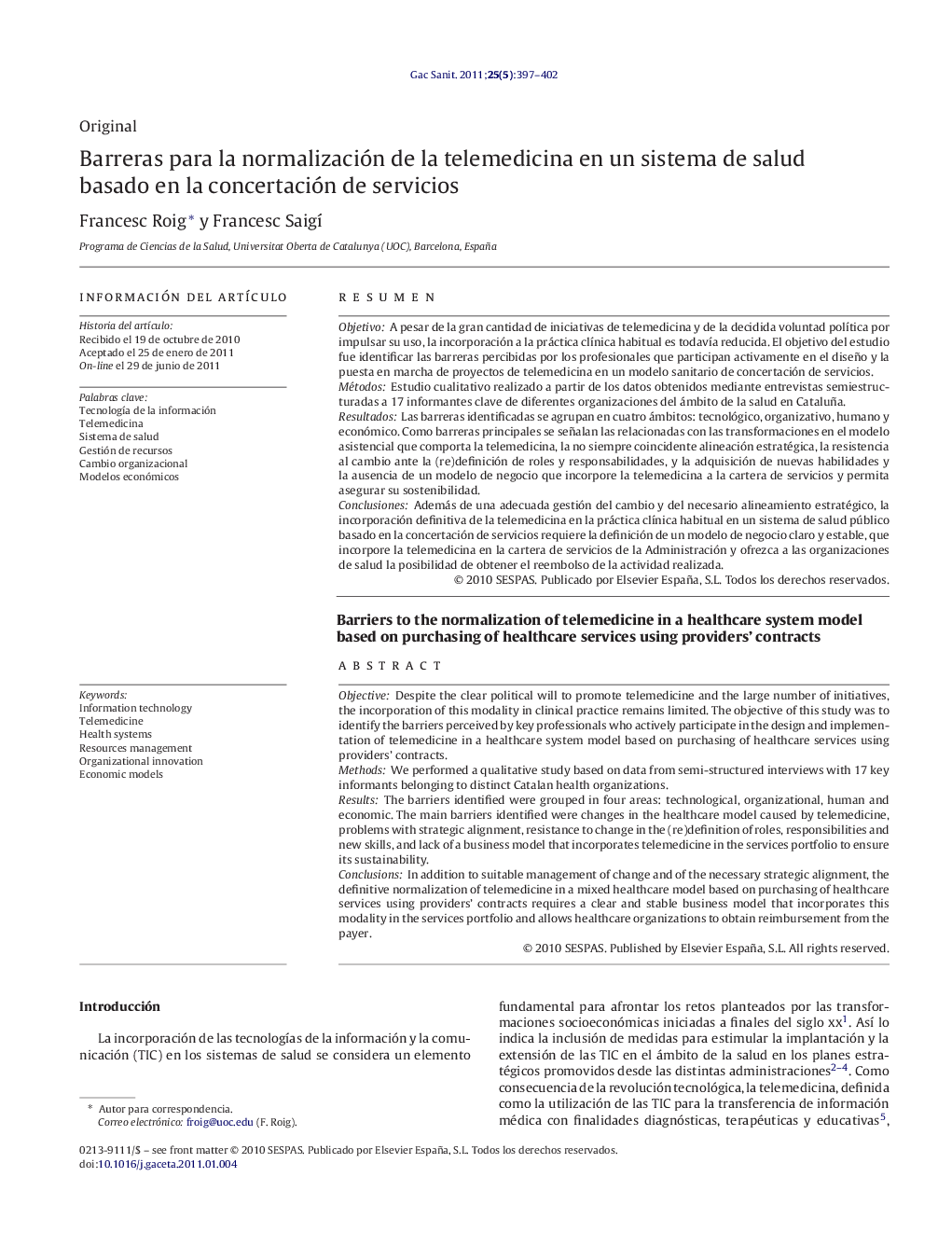 Barreras para la normalización de la telemedicina en un sistema de salud basado en la concertación de servicios