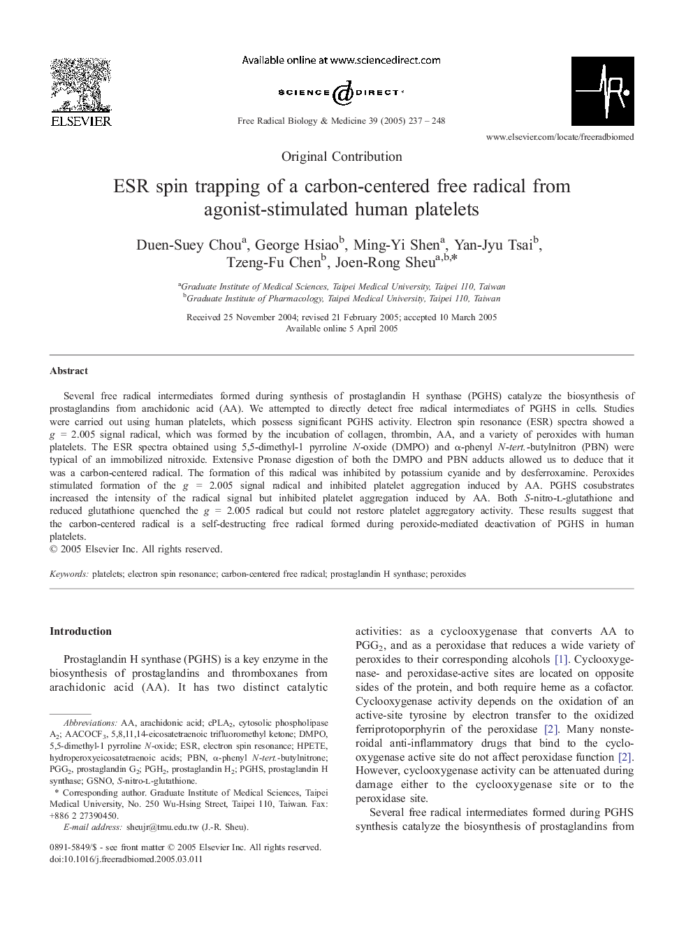 ESR spin trapping of a carbon-centered free radical from agonist-stimulated human platelets