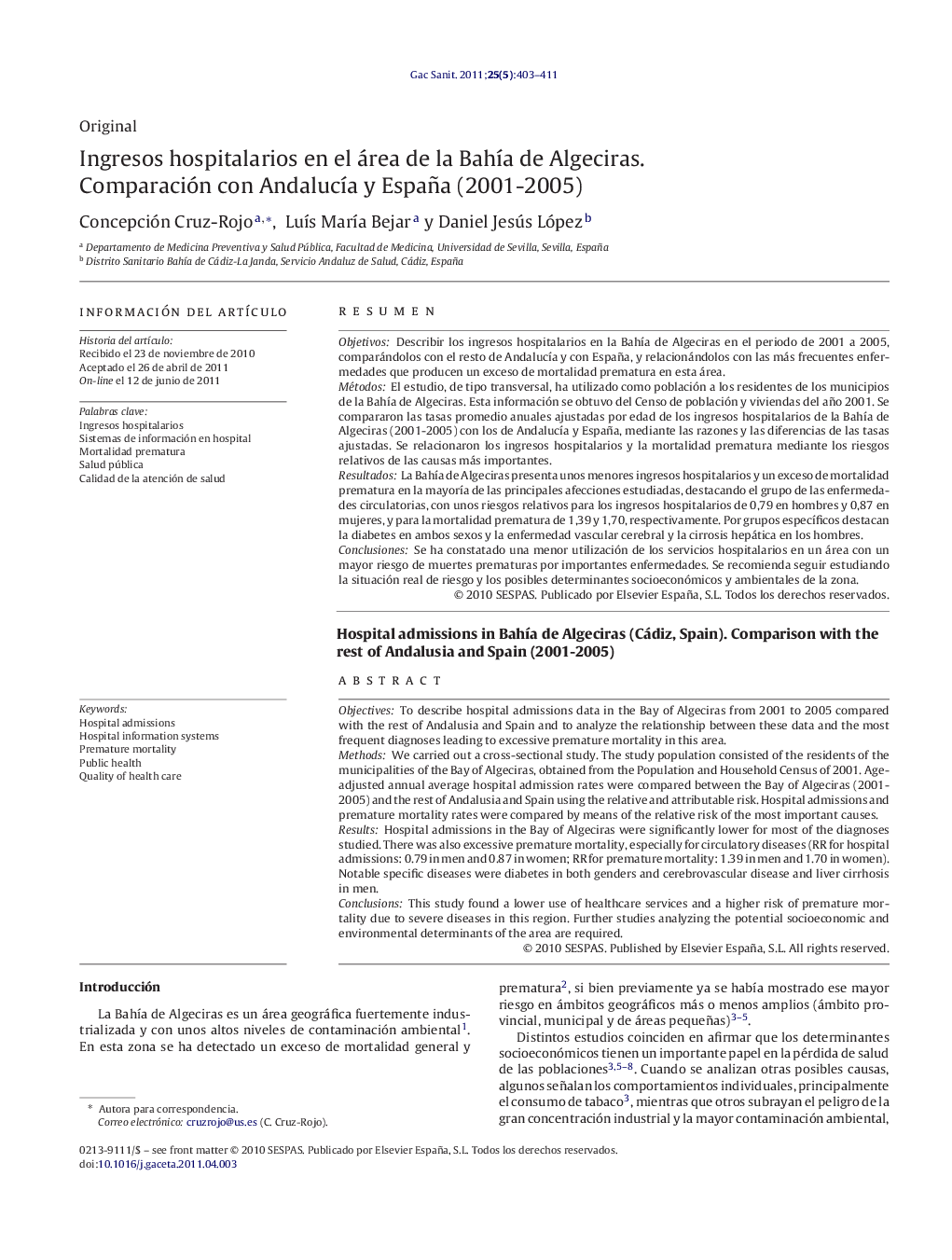 Ingresos hospitalarios en el área de la Bahía de Algeciras. Comparación con Andalucía y España (2001-2005)