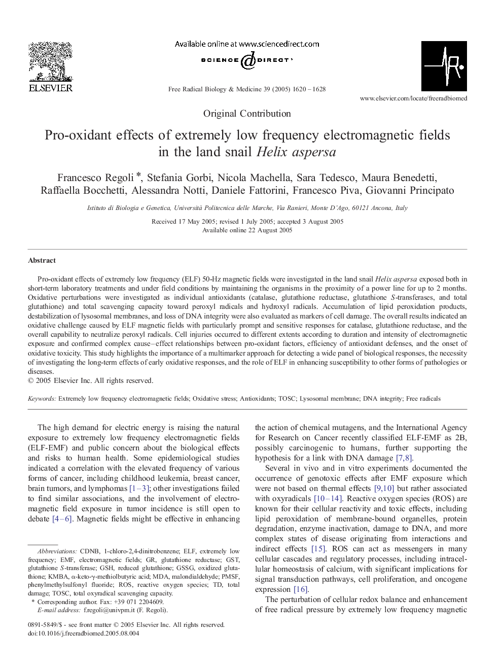 Pro-oxidant effects of extremely low frequency electromagnetic fields in the land snail Helix aspersa