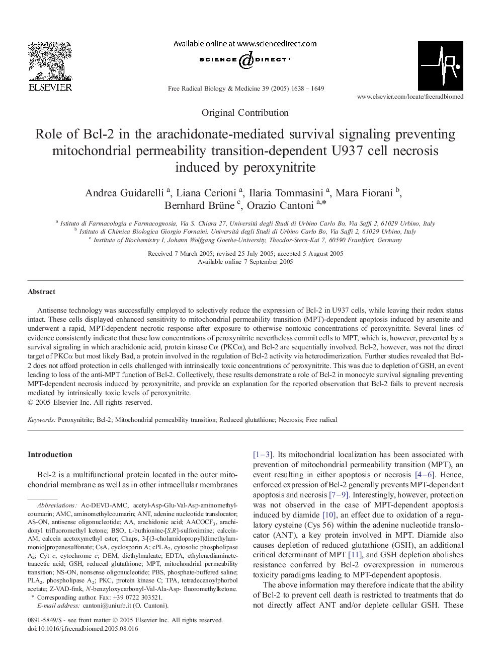 Role of Bcl-2 in the arachidonate-mediated survival signaling preventing mitochondrial permeability transition-dependent U937 cell necrosis induced by peroxynitrite