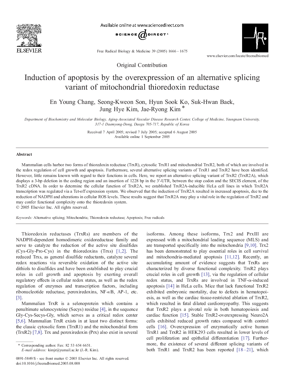 Induction of apoptosis by the overexpression of an alternative splicing variant of mitochondrial thioredoxin reductase