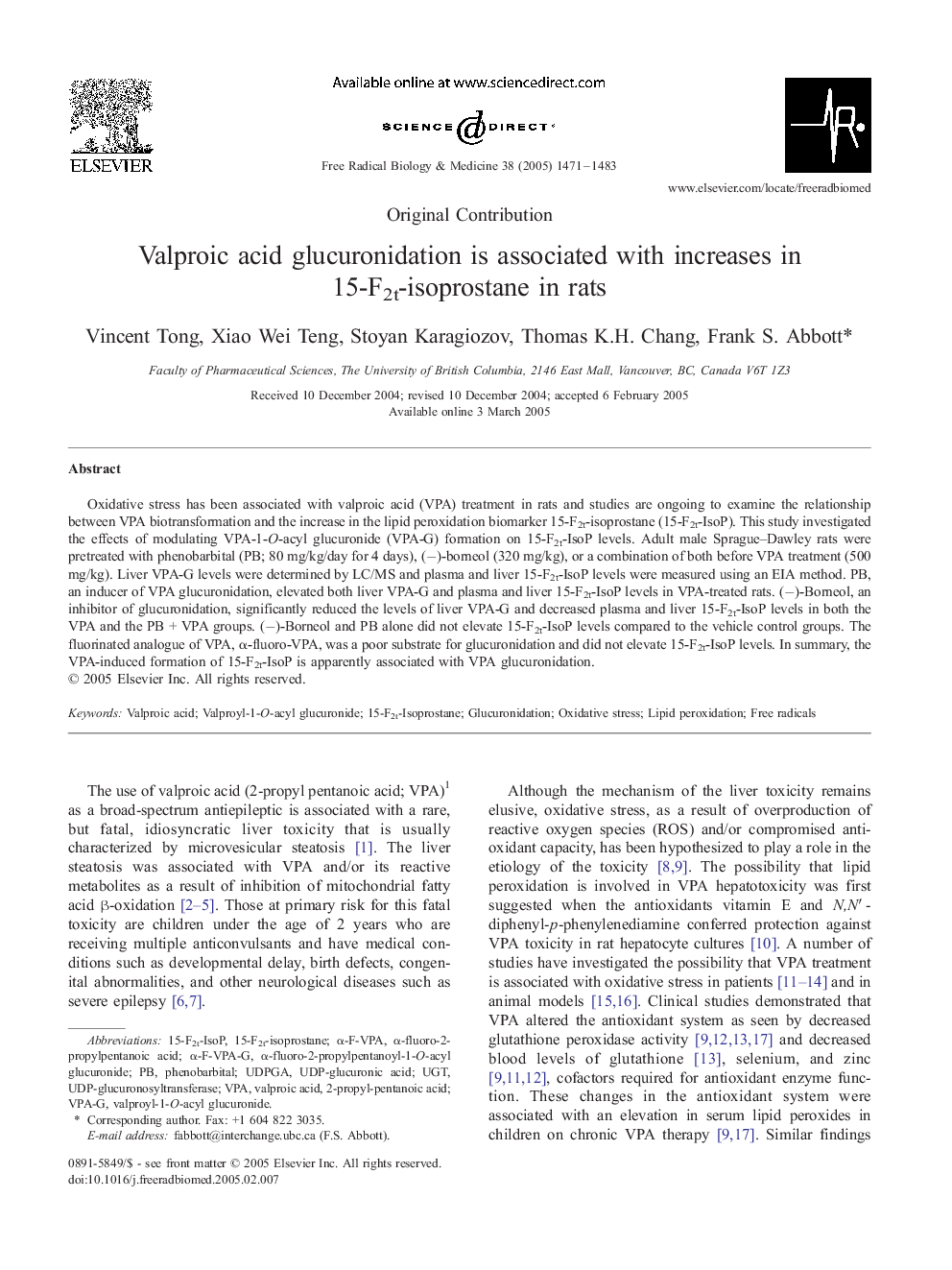 Valproic acid glucuronidation is associated with increases in 15-F2t-isoprostane in rats