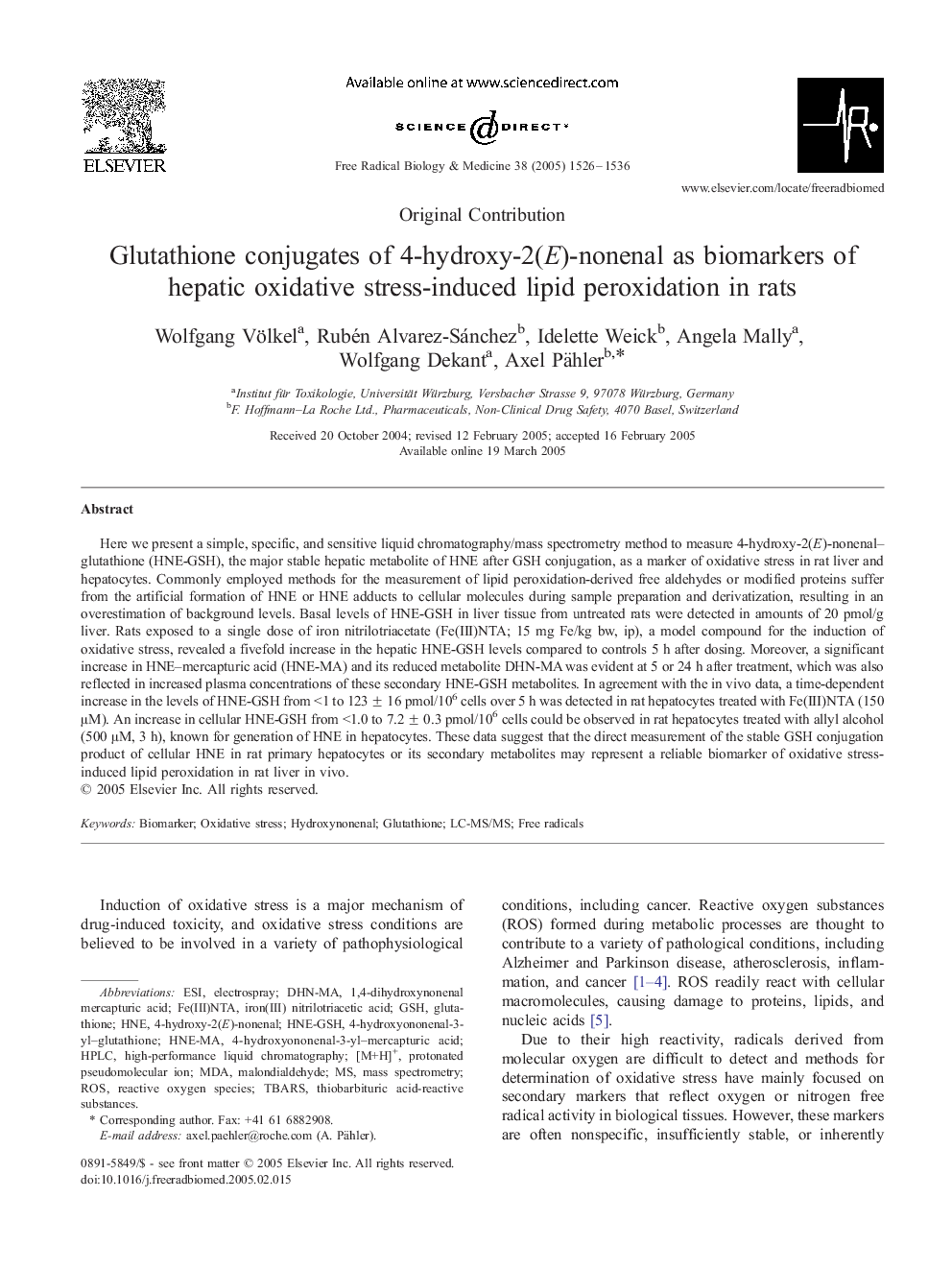 Glutathione conjugates of 4-hydroxy-2(E)-nonenal as biomarkers of hepatic oxidative stress-induced lipid peroxidation in rats