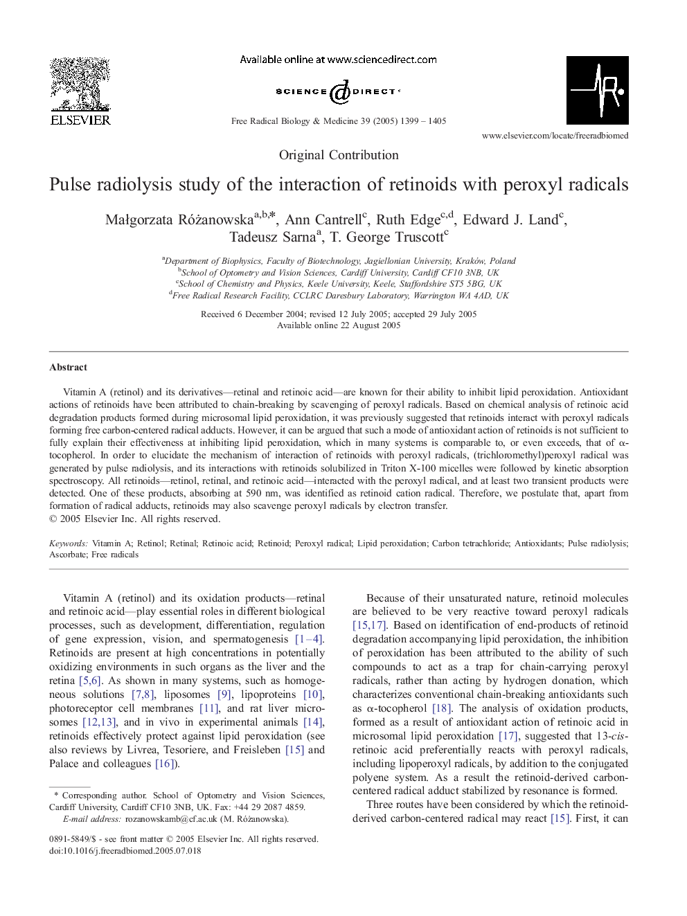 Pulse radiolysis study of the interaction of retinoids with peroxyl radicals