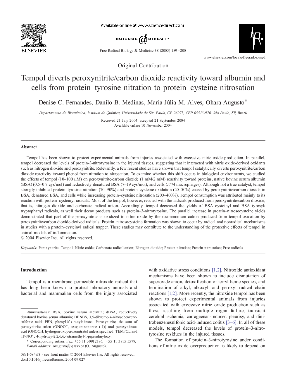 Tempol diverts peroxynitrite/carbon dioxide reactivity toward albumin and cells from protein-tyrosine nitration to protein-cysteine nitrosation