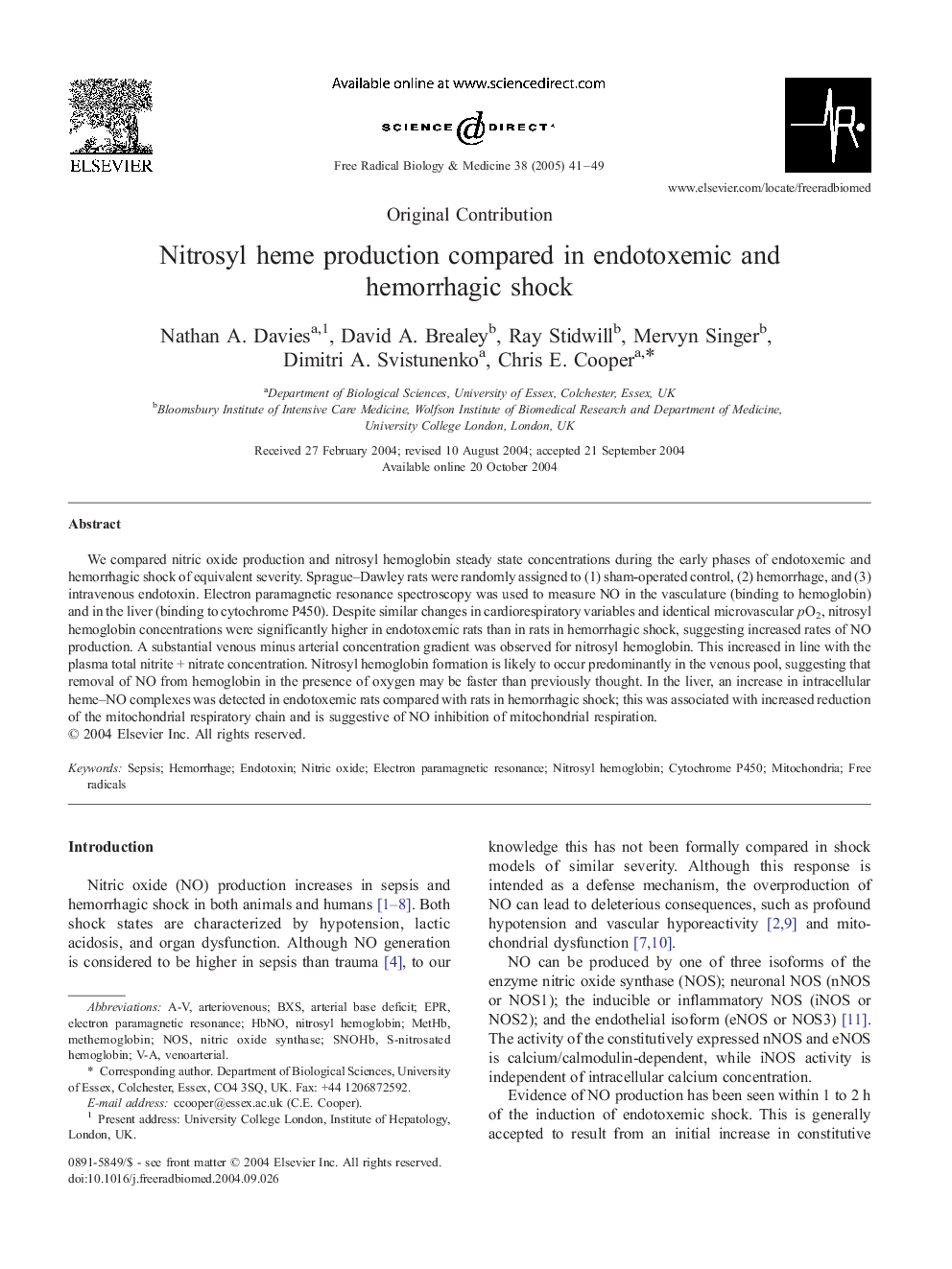 Nitrosyl heme production compared in endotoxemic and hemorrhagic shock