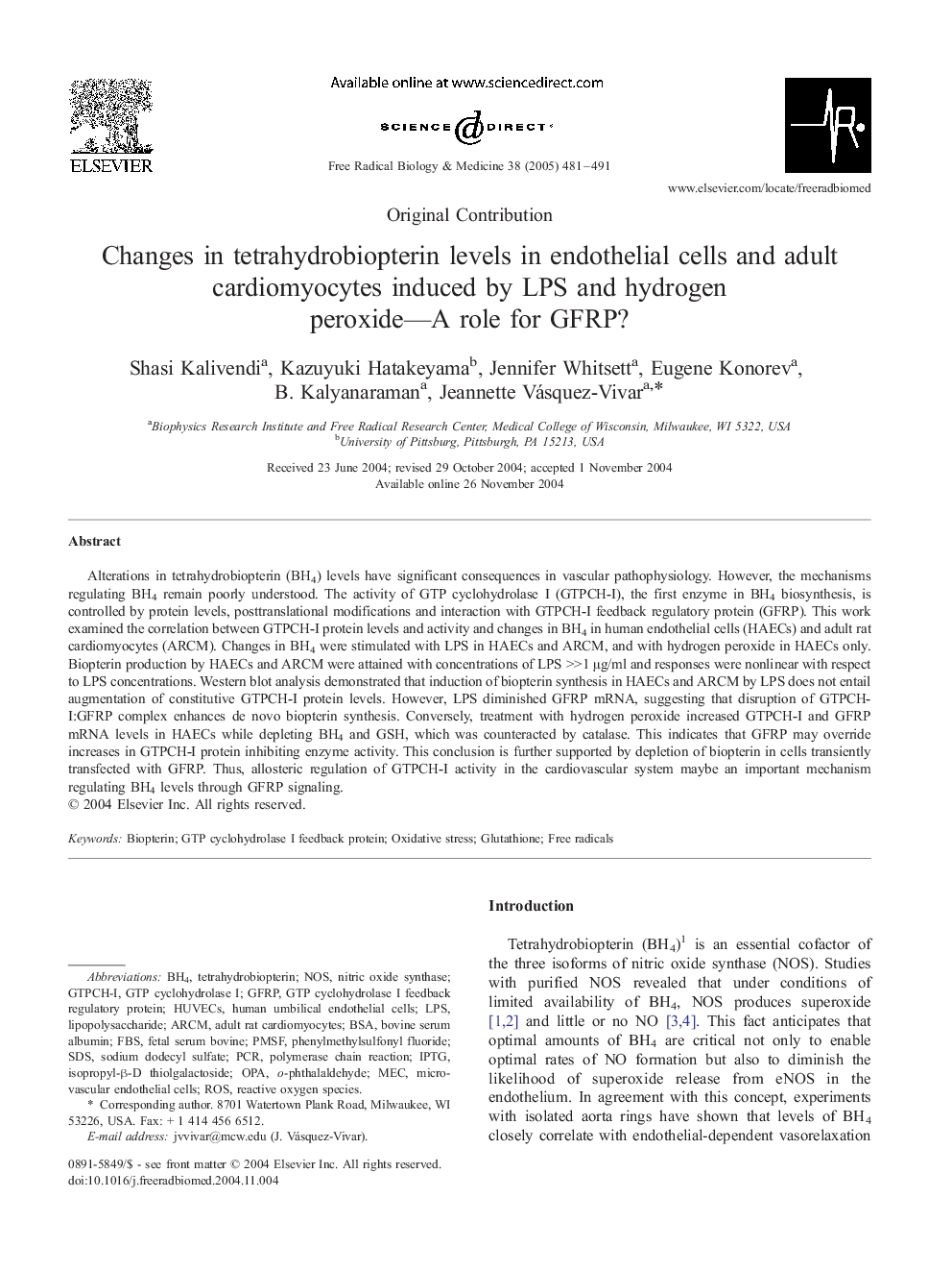 Changes in tetrahydrobiopterin levels in endothelial cells and adult cardiomyocytes induced by LPS and hydrogen peroxide-A role for GFRP?