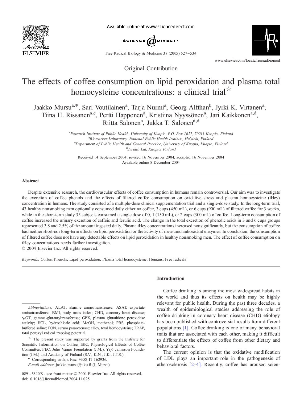 The effects of coffee consumption on lipid peroxidation and plasma total homocysteine concentrations: a clinical trial