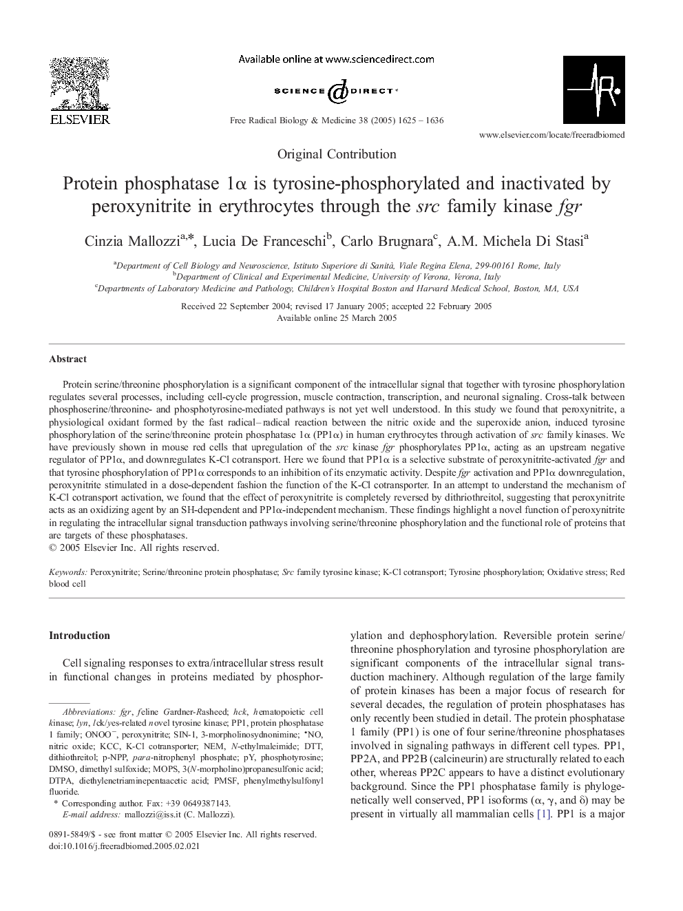 Protein phosphatase 1Î± is tyrosine-phosphorylated and inactivated by peroxynitrite in erythrocytes through the src family kinase fgr