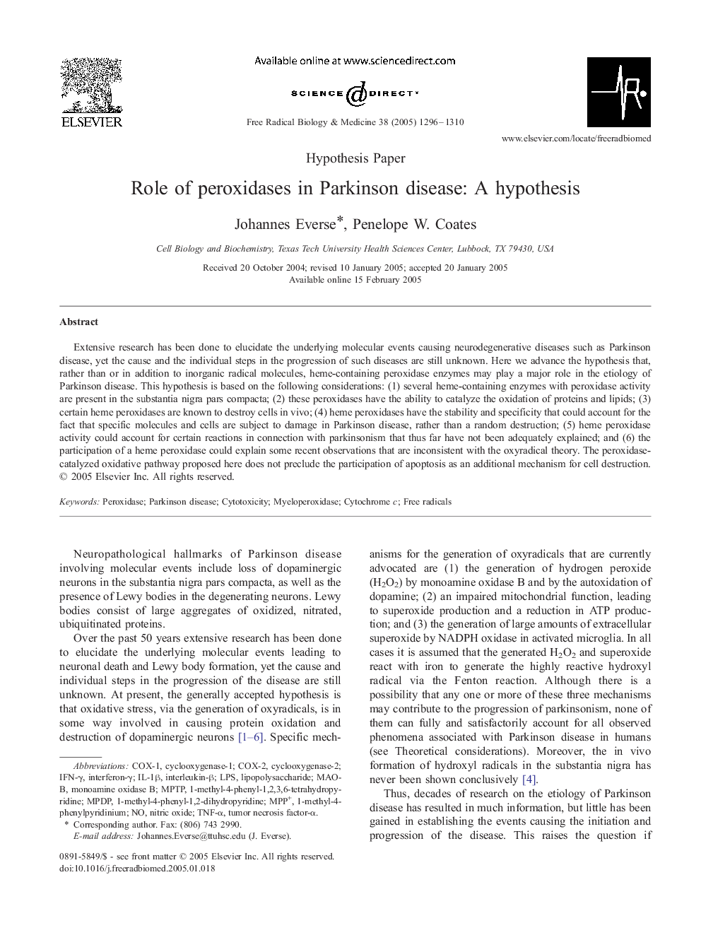 Role of peroxidases in Parkinson disease: a hypothesis