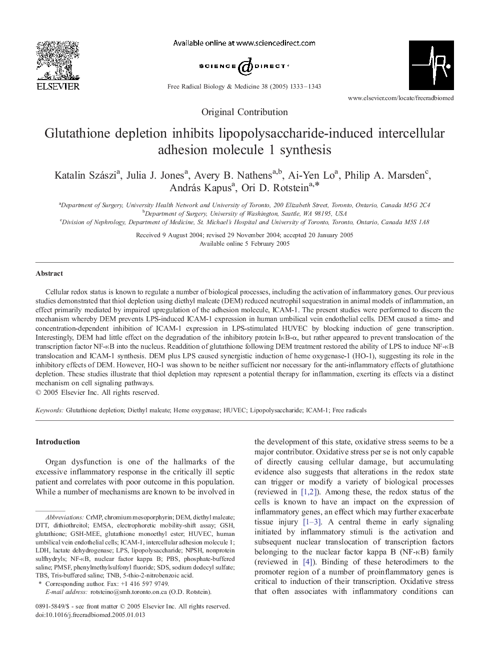 Glutathione depletion inhibits lipopolysaccharide-induced intercellular adhesion molecule 1 synthesis