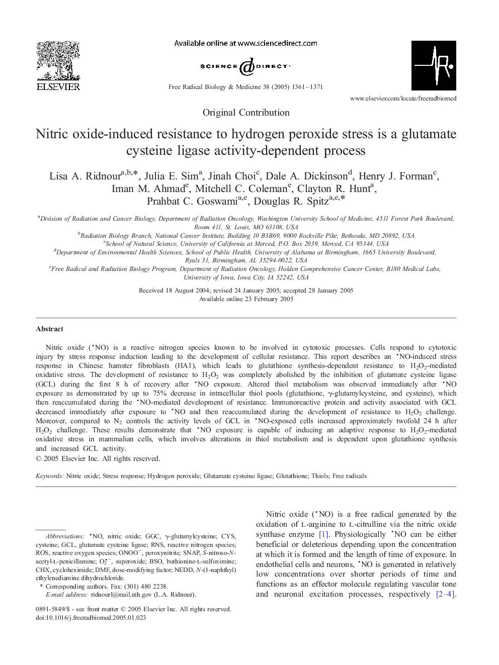 Nitric oxide-induced resistance to hydrogen peroxide stress is a glutamate cysteine ligase activity-dependent process