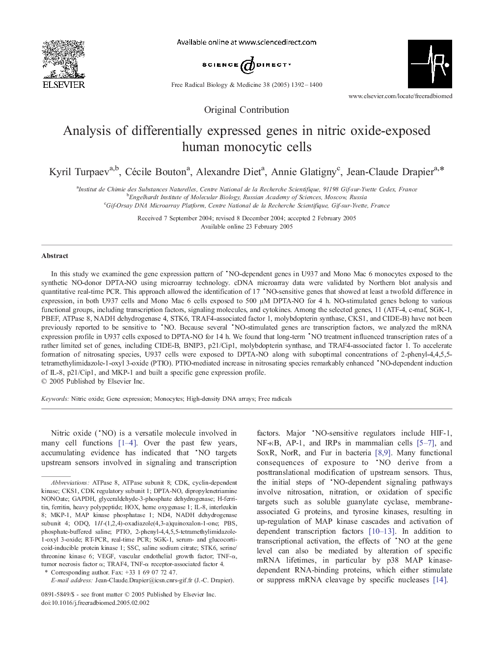 Analysis of differentially expressed genes in nitric oxide-exposed human monocytic cells