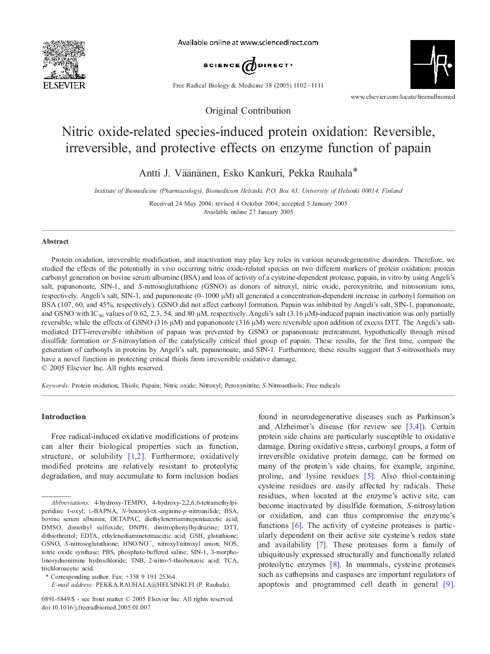 Nitric oxide-related species-induced protein oxidation: Reversible, irreversible, and protective effects on enzyme function of papain