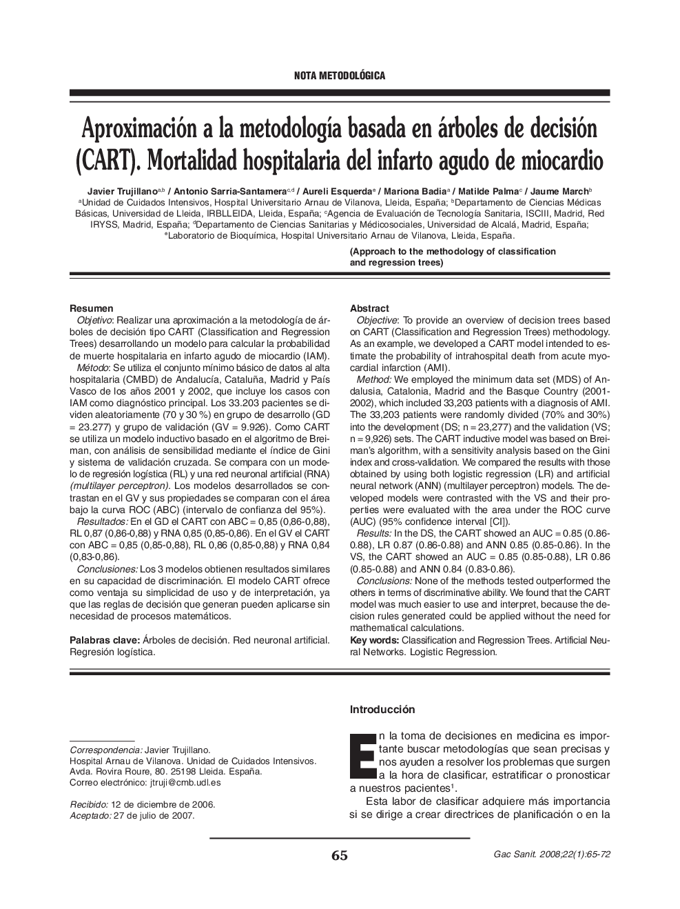 Aproximación a la metodología basada en árboles de decisión (CART). Mortalidad hospitalaria del infarto agudo de miocardio