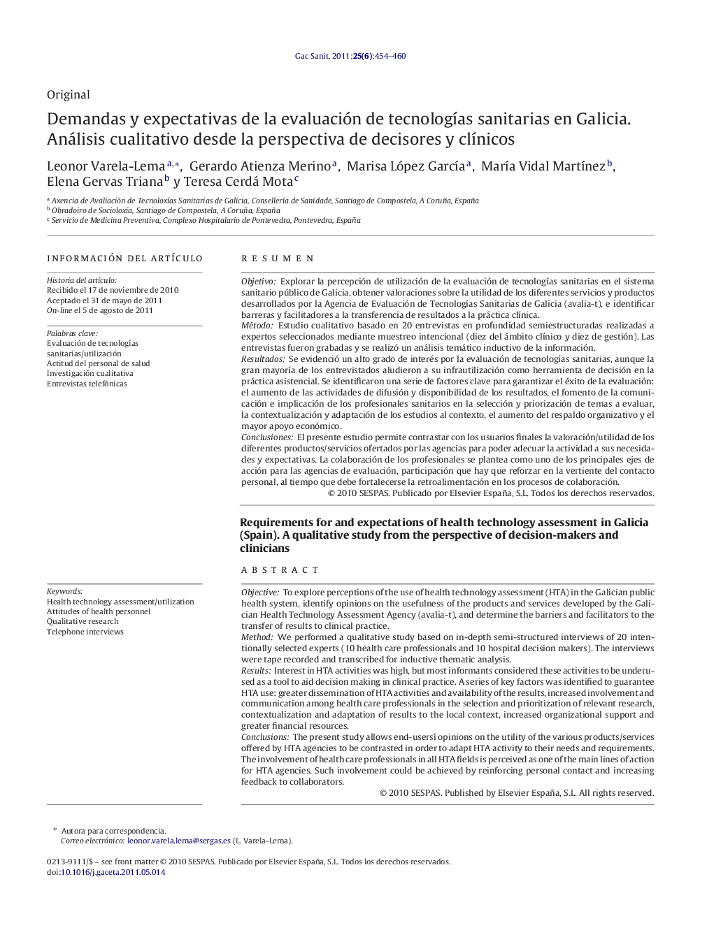 Demandas y expectativas de la evaluación de tecnologías sanitarias en Galicia. Análisis cualitativo desde la perspectiva de decisores y clínicos