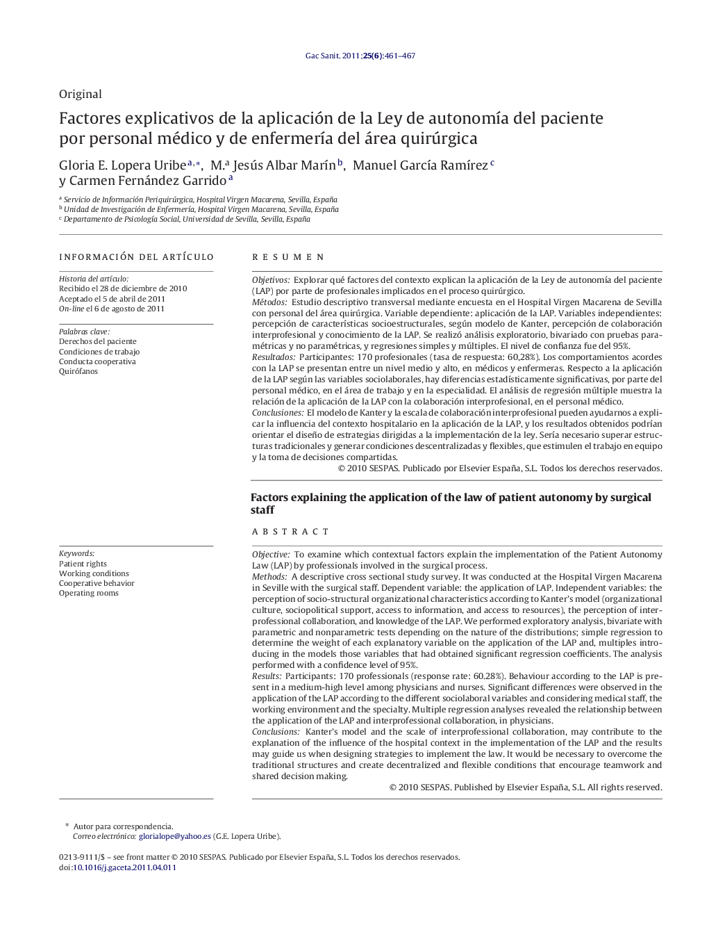 Factores explicativos de la aplicación de la Ley de autonomía del paciente por personal médico y de enfermería del área quirúrgica