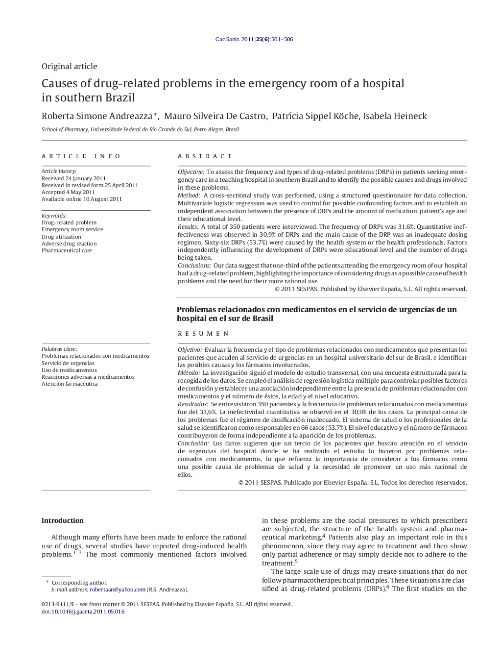 Causes of drug-related problems in the emergency room of a hospital in southern Brazil