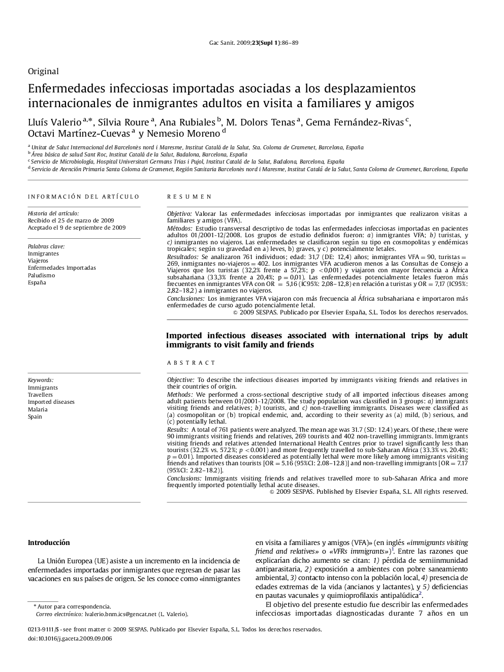 Enfermedades infecciosas importadas asociadas a los desplazamientos internacionales de inmigrantes adultos en visita a familiares y amigos