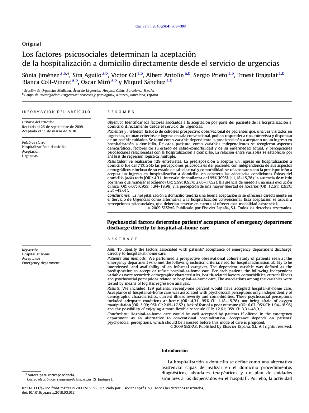 Los factores psicosociales determinan la aceptación de la hospitalización a domicilio directamente desde el servicio de urgencias